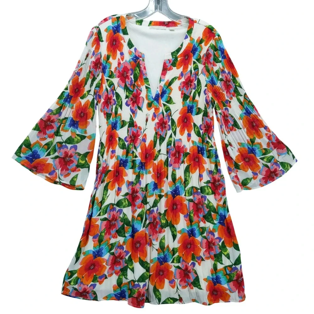 Sunny Leigh Floral‎ Print Pleated Bell Sleeve Dress Multicolor Size M